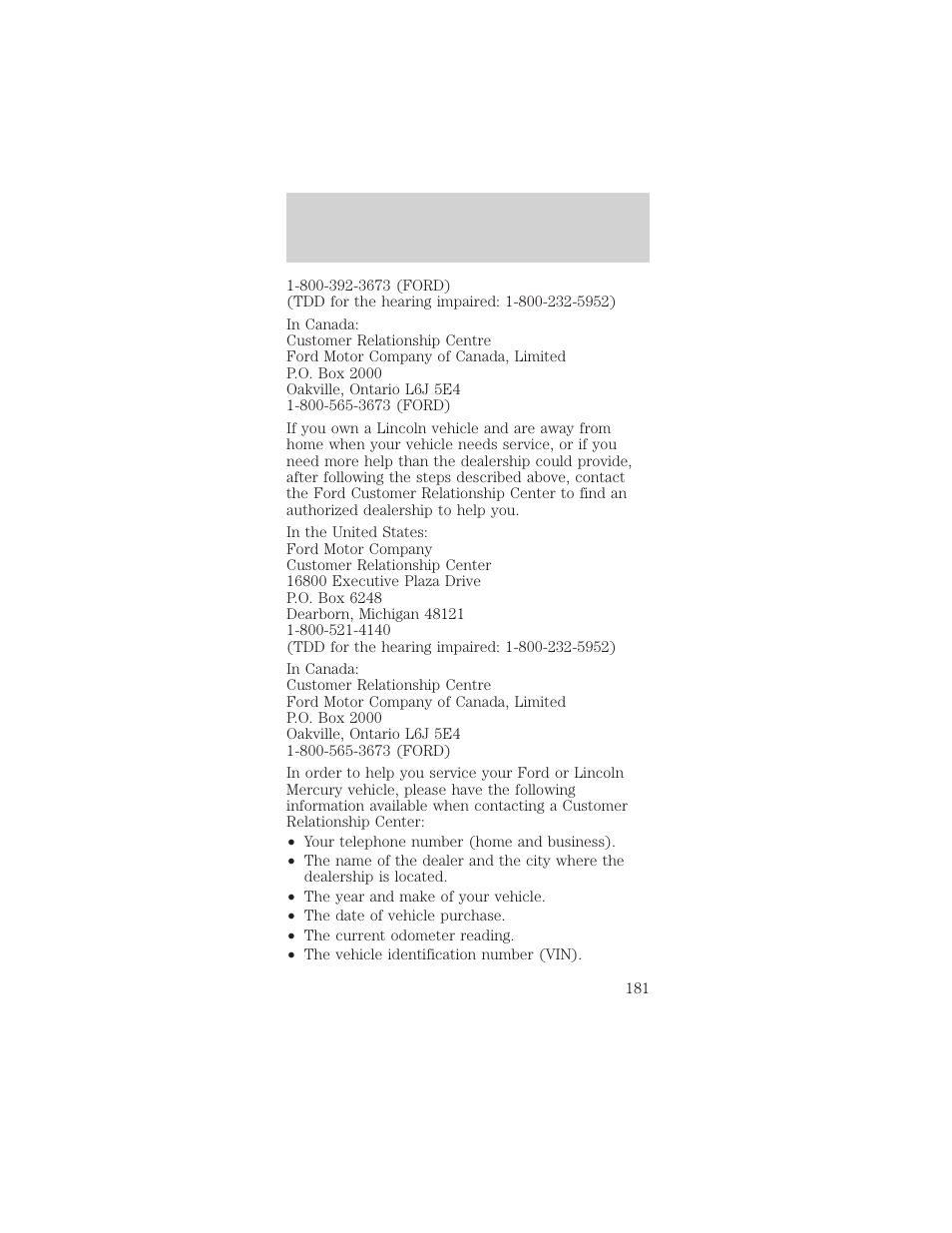 Customer assistance | FORD 2002 Mustang v.1 User Manual | Page 181 / 264