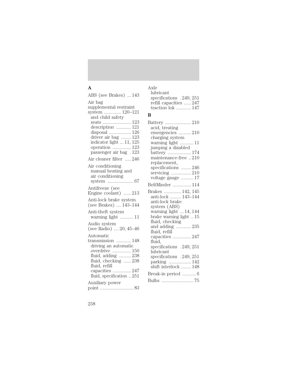 Index | FORD 2002 Mustang v.1 User Manual | Page 258 / 264