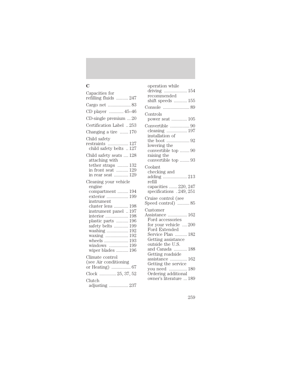 Index | FORD 2002 Mustang v.1 User Manual | Page 259 / 264