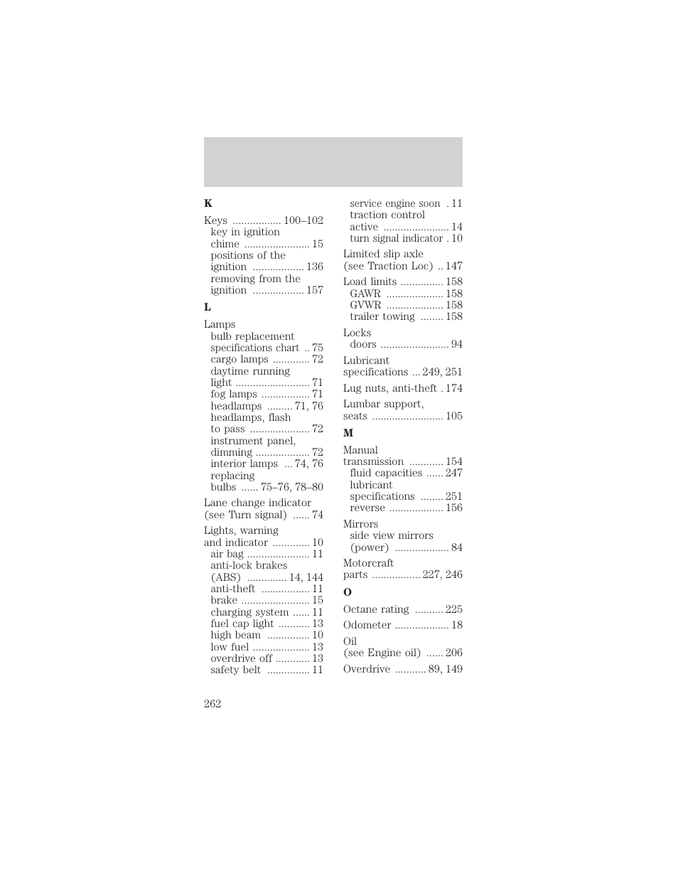 Index | FORD 2002 Mustang v.1 User Manual | Page 262 / 264