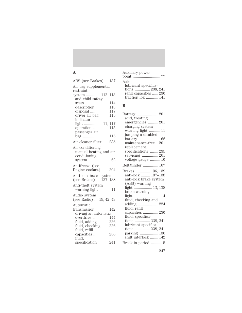 Index | FORD 2002 Mustang v.2 User Manual | Page 247 / 256