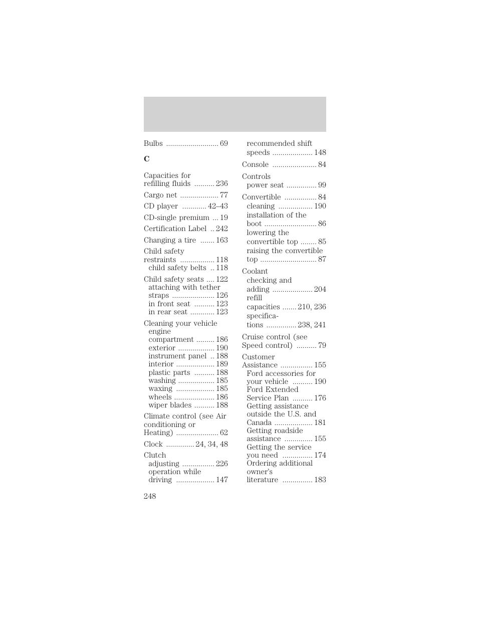 Index | FORD 2002 Mustang v.2 User Manual | Page 248 / 256