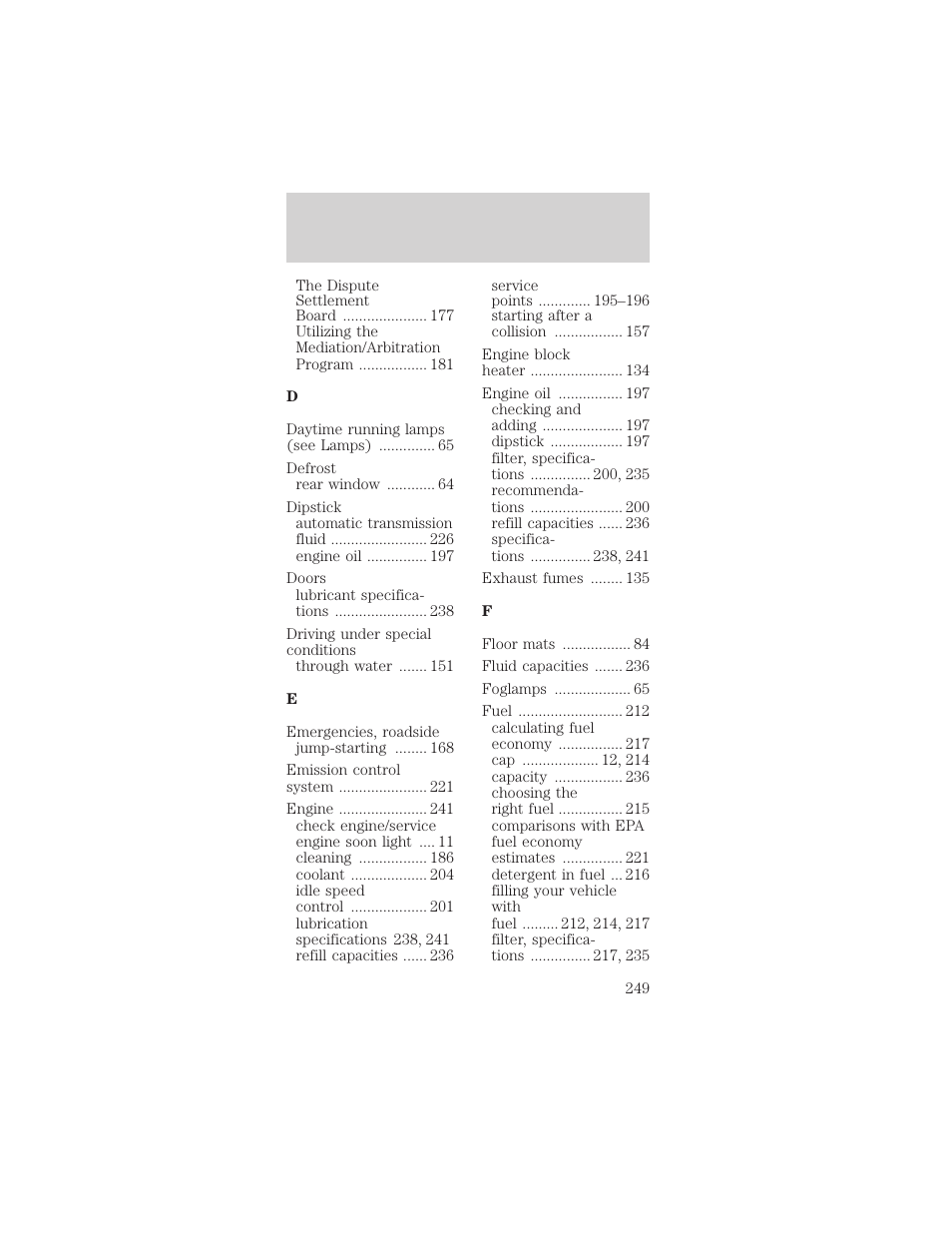 Index | FORD 2002 Mustang v.2 User Manual | Page 249 / 256