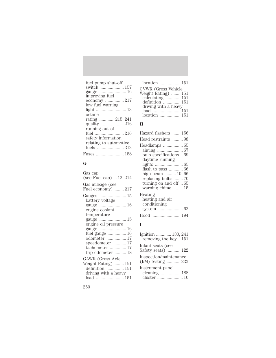 Index | FORD 2002 Mustang v.2 User Manual | Page 250 / 256