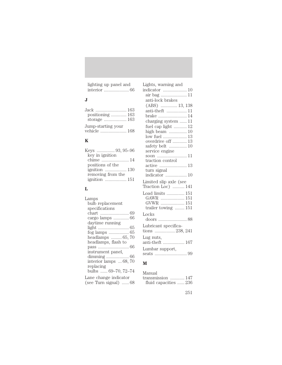 Index | FORD 2002 Mustang v.2 User Manual | Page 251 / 256