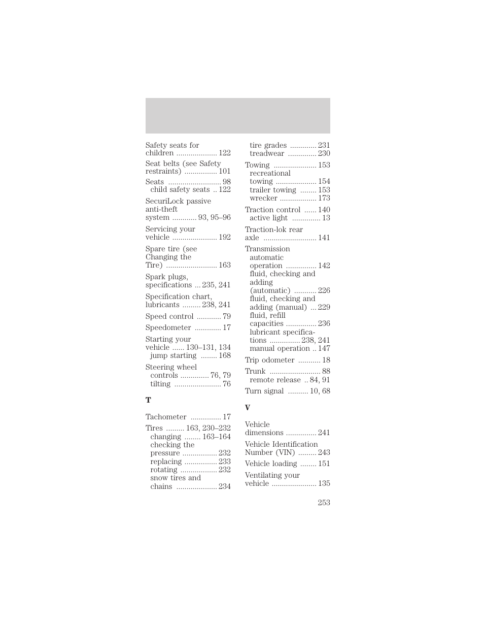 Index | FORD 2002 Mustang v.2 User Manual | Page 253 / 256