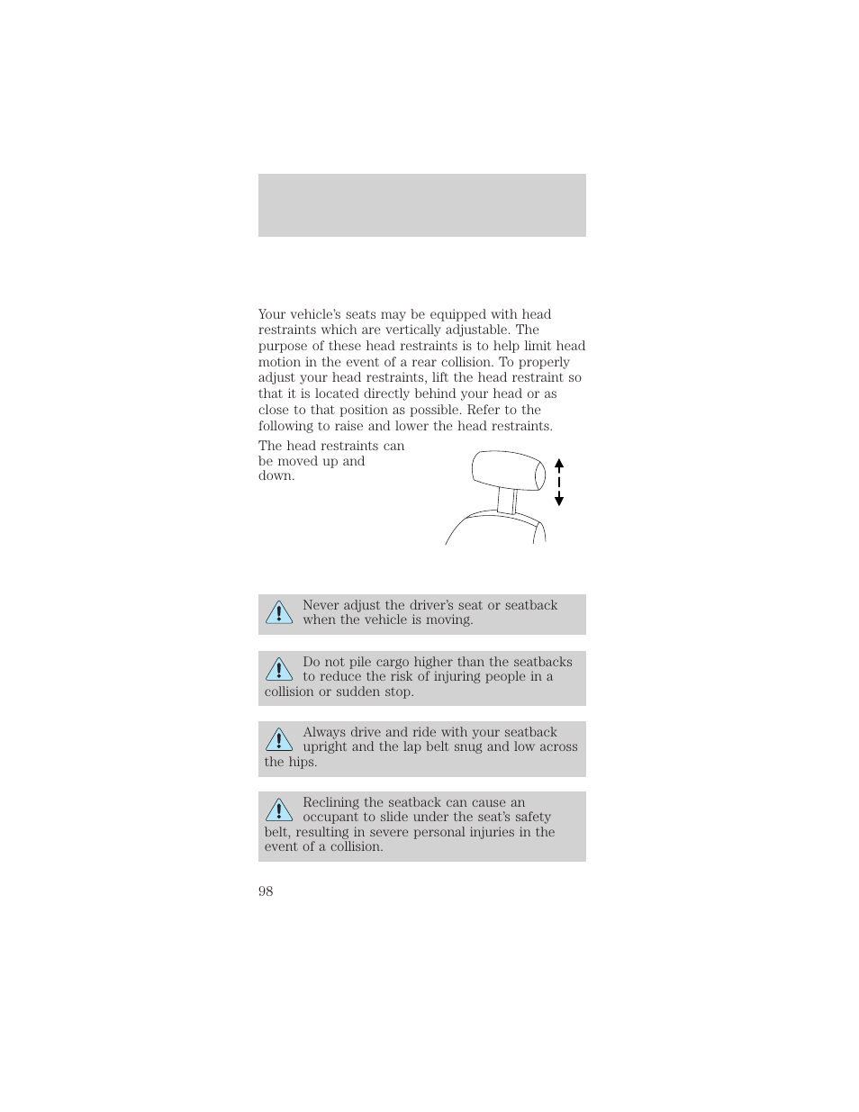 Seating and safety restraints | FORD 2002 Mustang v.2 User Manual | Page 98 / 256