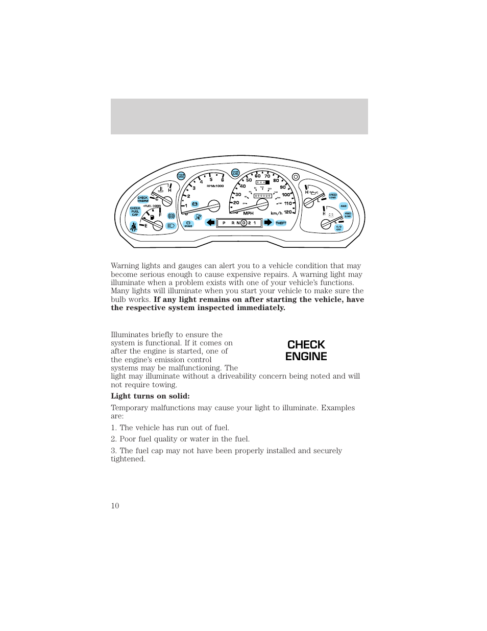 Check engine, Instrument cluster | FORD 2002 Ranger v.1 User Manual | Page 10 / 288
