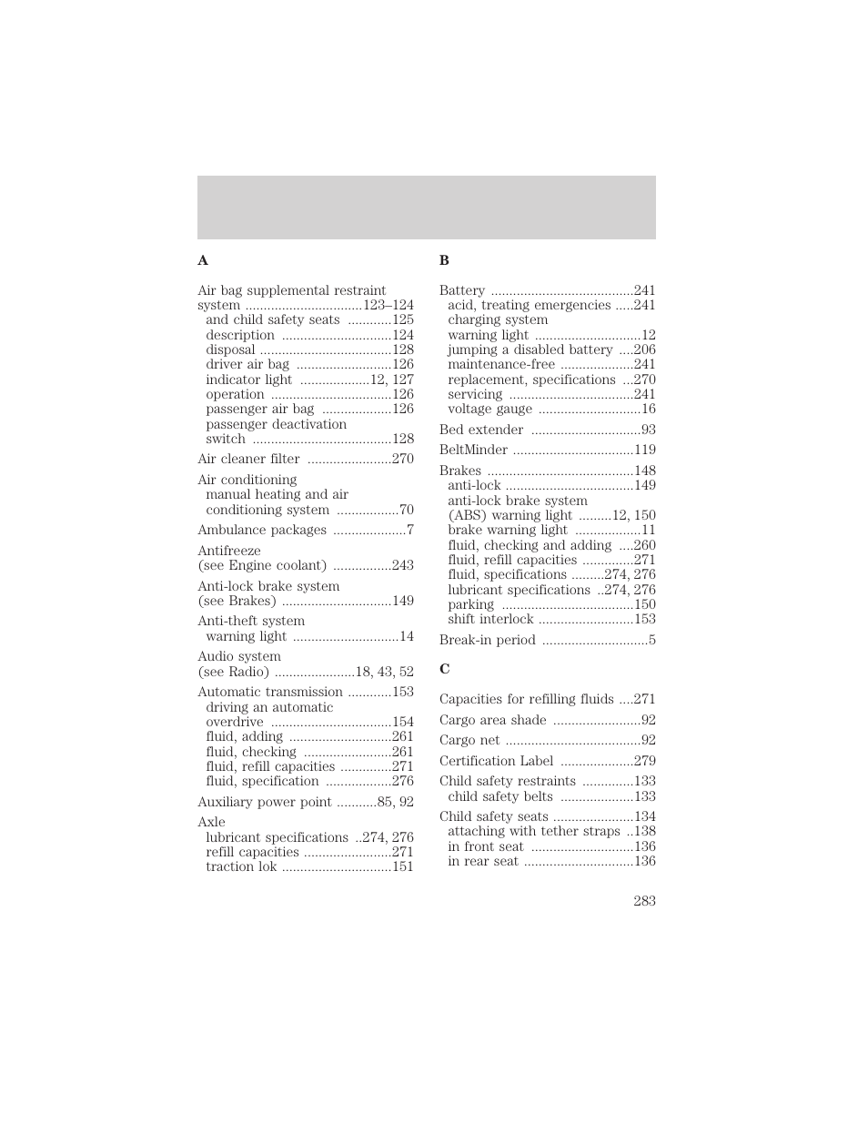 Index | FORD 2002 Ranger v.1 User Manual | Page 283 / 288