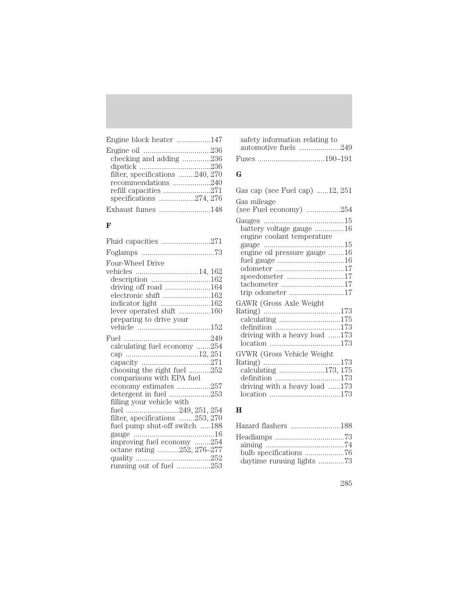Index | FORD 2002 Ranger v.1 User Manual | Page 285 / 288