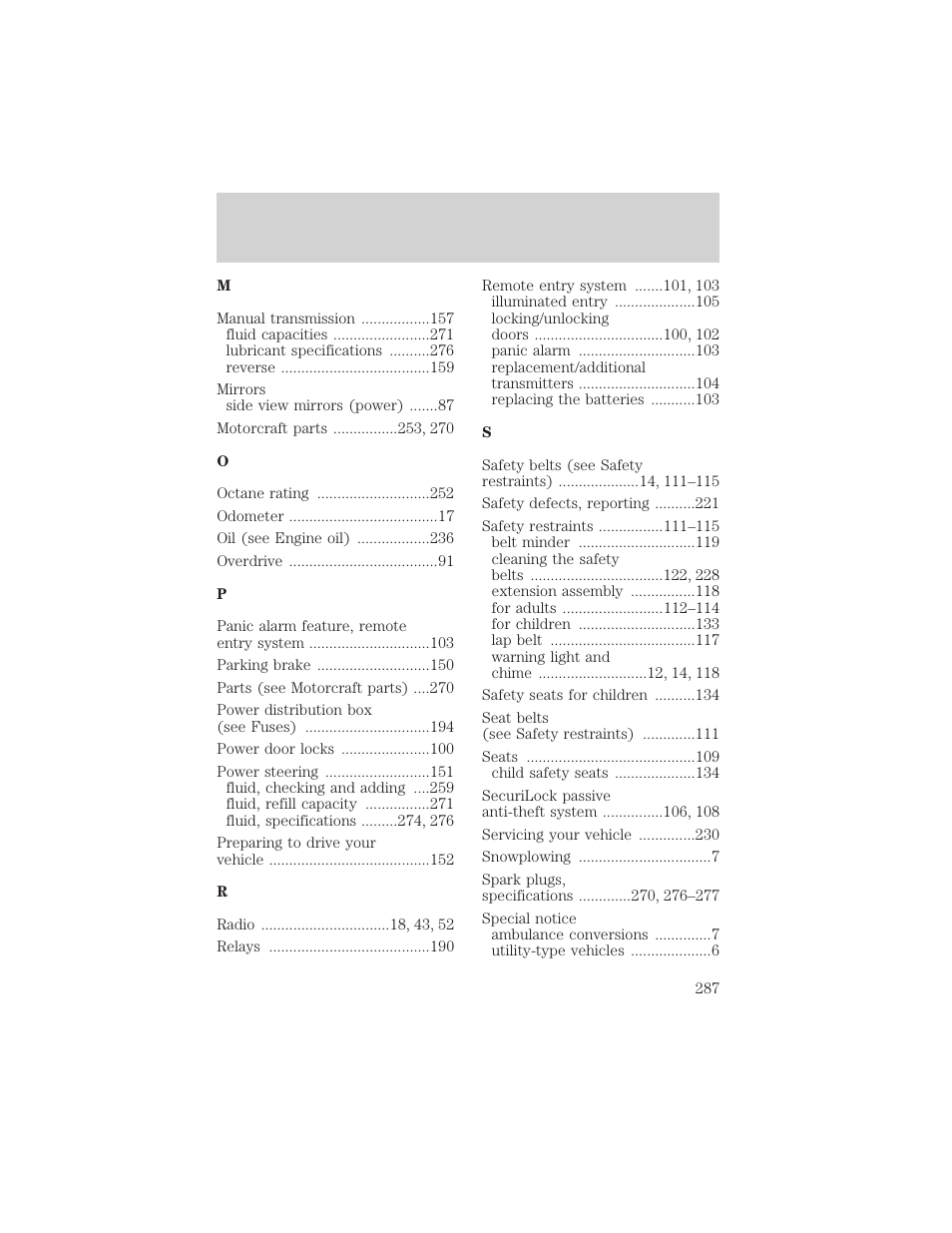 Index | FORD 2002 Ranger v.1 User Manual | Page 287 / 288