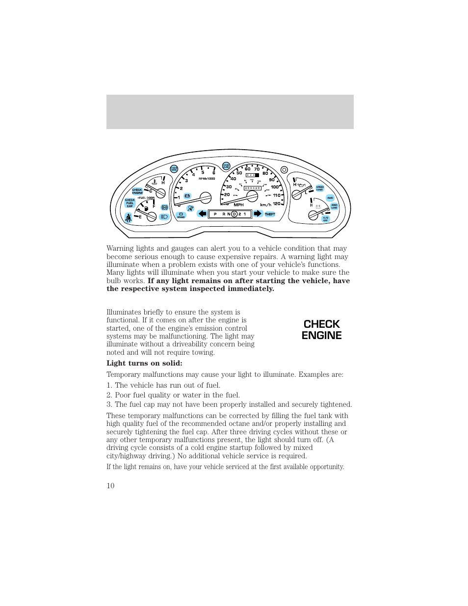 Instrument cluster, Check engine | FORD 2002 Ranger v.2 User Manual | Page 10 / 288
