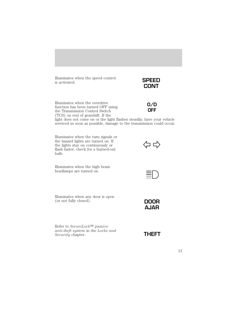 Speed cont, Door ajar theft | FORD 2002 Ranger v.2 User Manual | Page 13 / 288