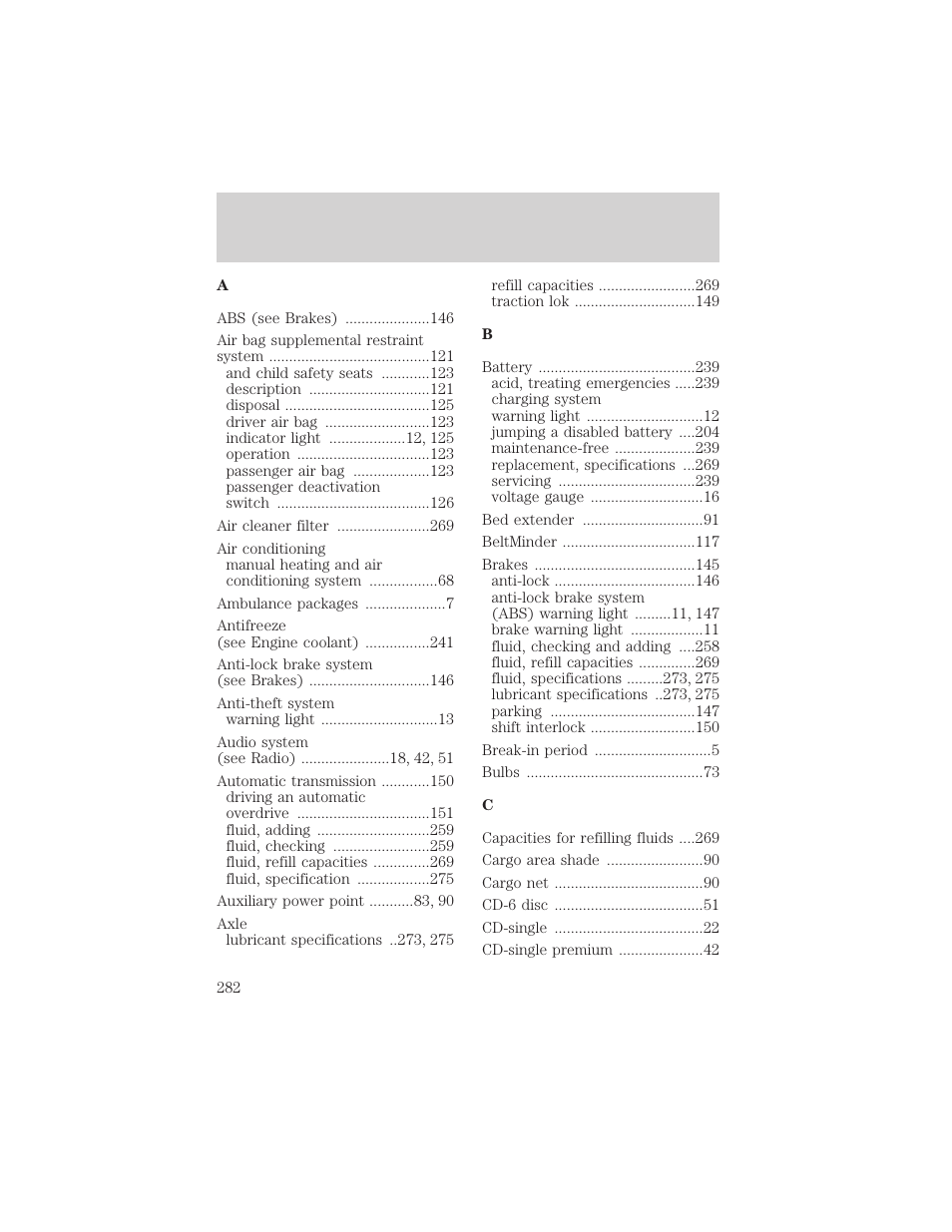 Index | FORD 2002 Ranger v.2 User Manual | Page 282 / 288