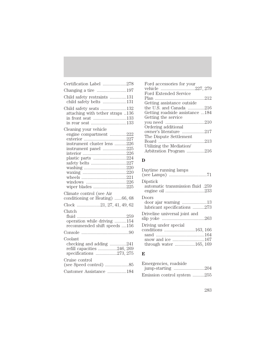 Index | FORD 2002 Ranger v.2 User Manual | Page 283 / 288