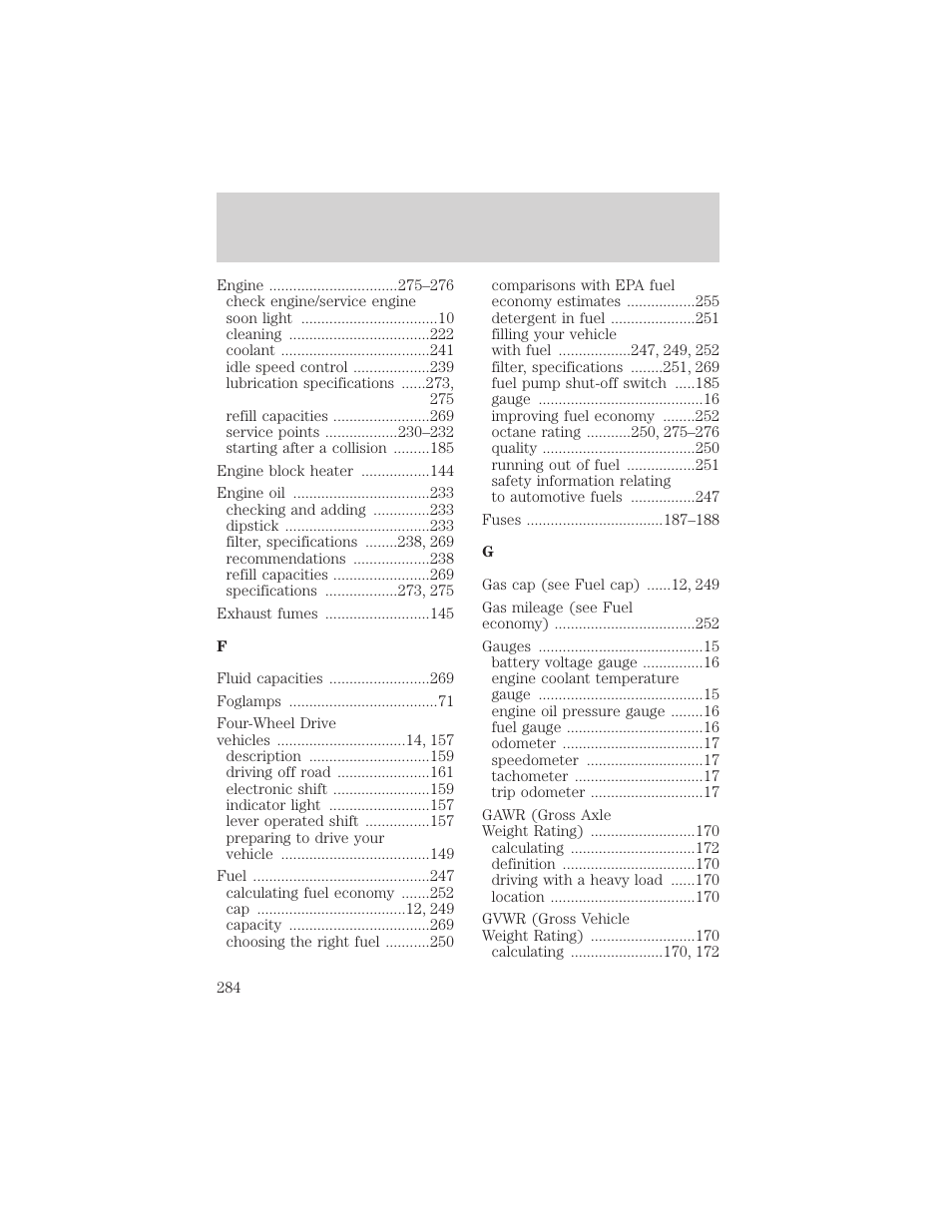 Index | FORD 2002 Ranger v.2 User Manual | Page 284 / 288