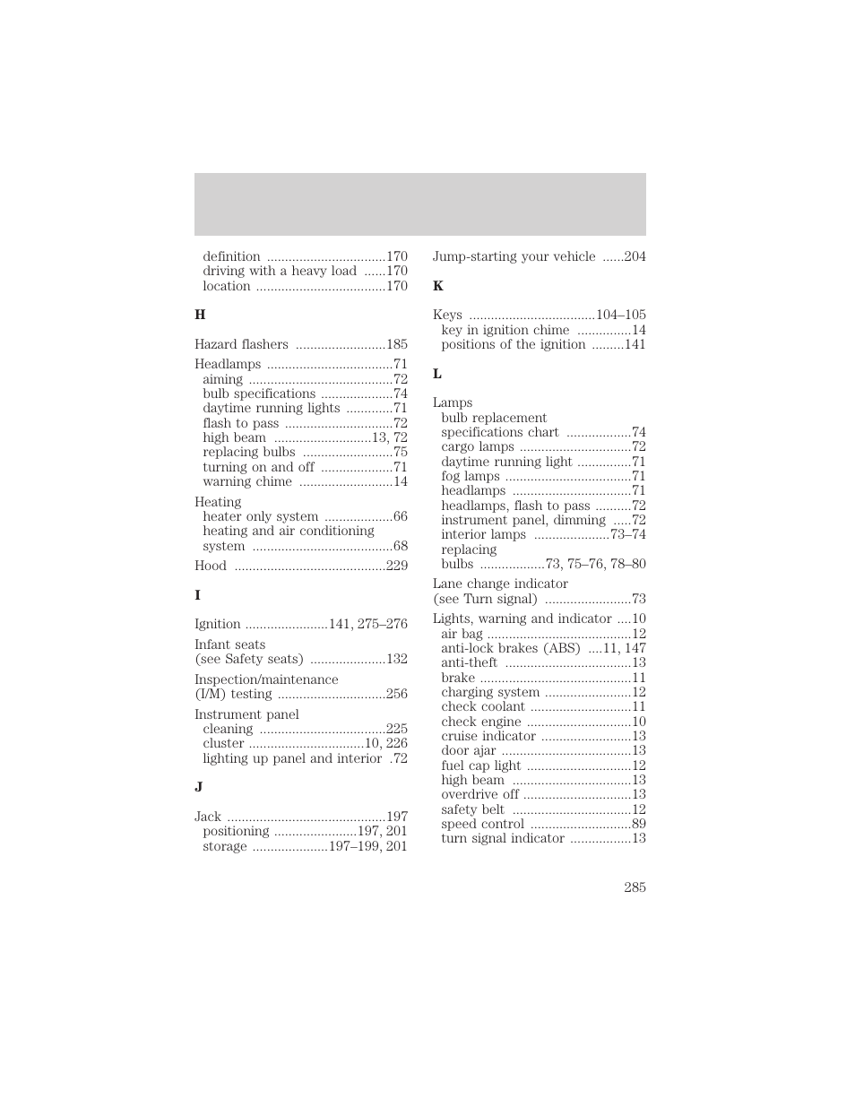 Index | FORD 2002 Ranger v.2 User Manual | Page 285 / 288