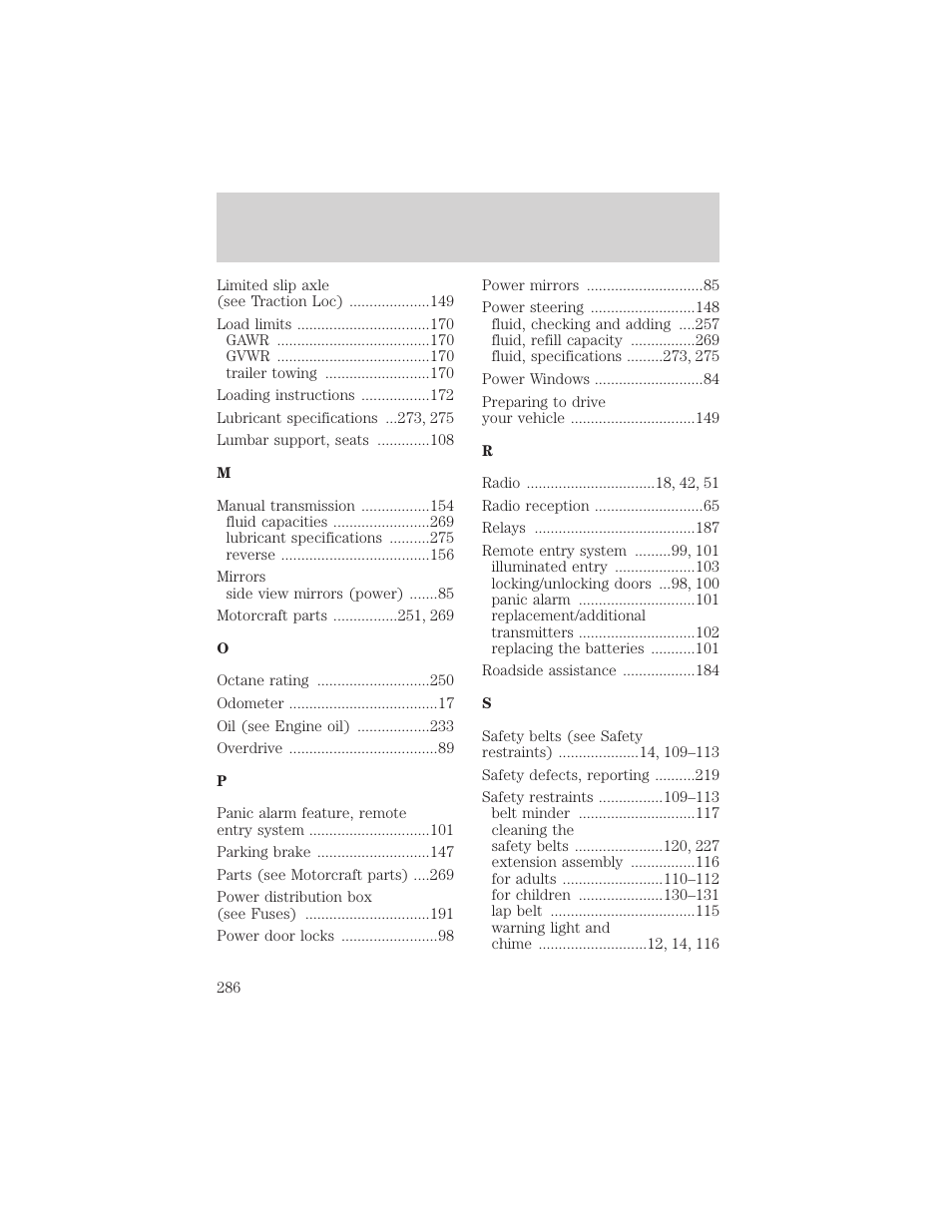 Index | FORD 2002 Ranger v.2 User Manual | Page 286 / 288