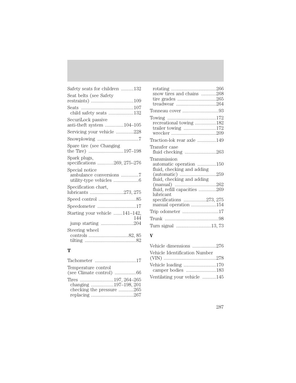 Index | FORD 2002 Ranger v.2 User Manual | Page 287 / 288