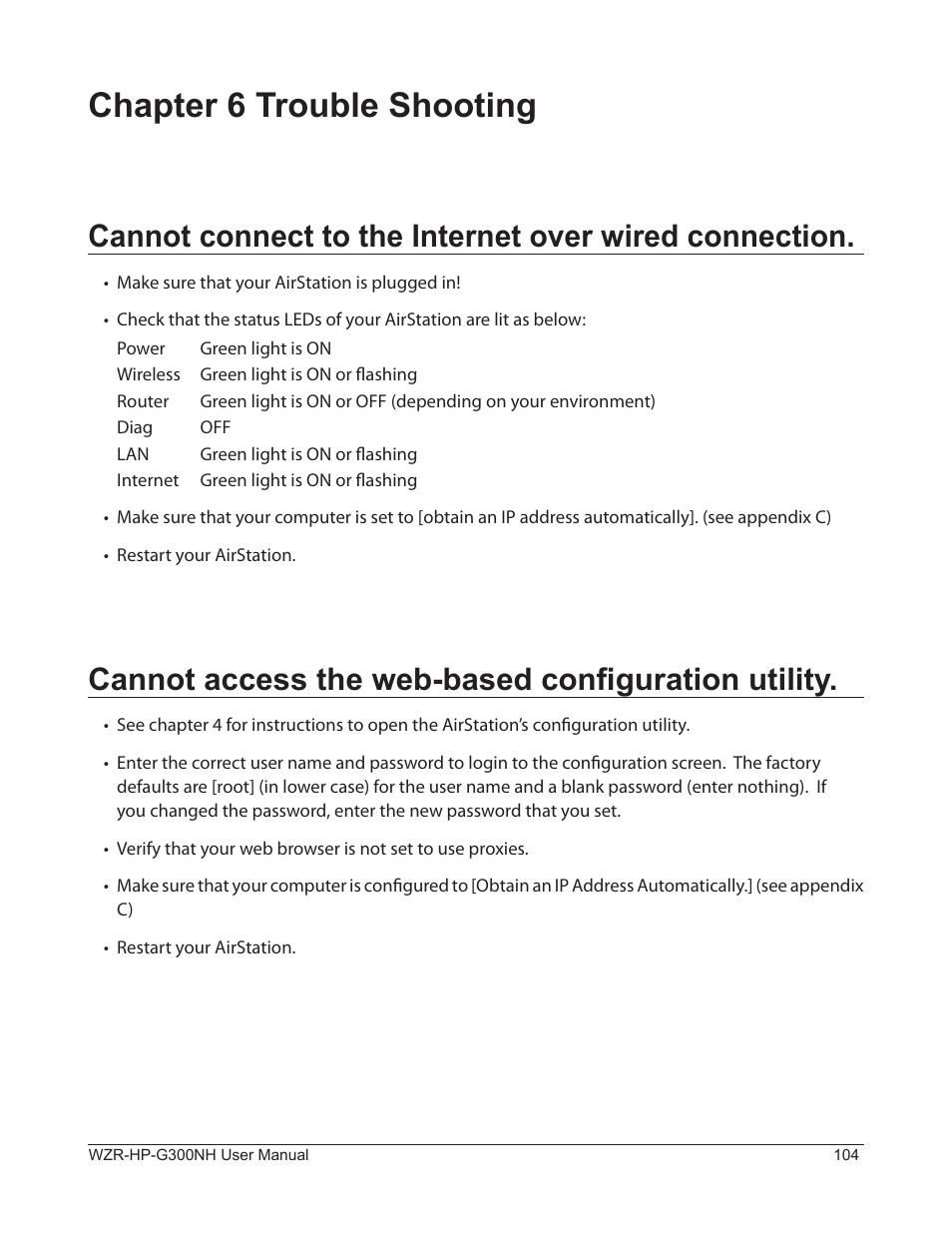 Chapter 6 trouble shooting, Cannot access the web-based configuration utility | Buffalo Technology NFINITI WZR-HP-G300NH User Manual | Page 105 / 133