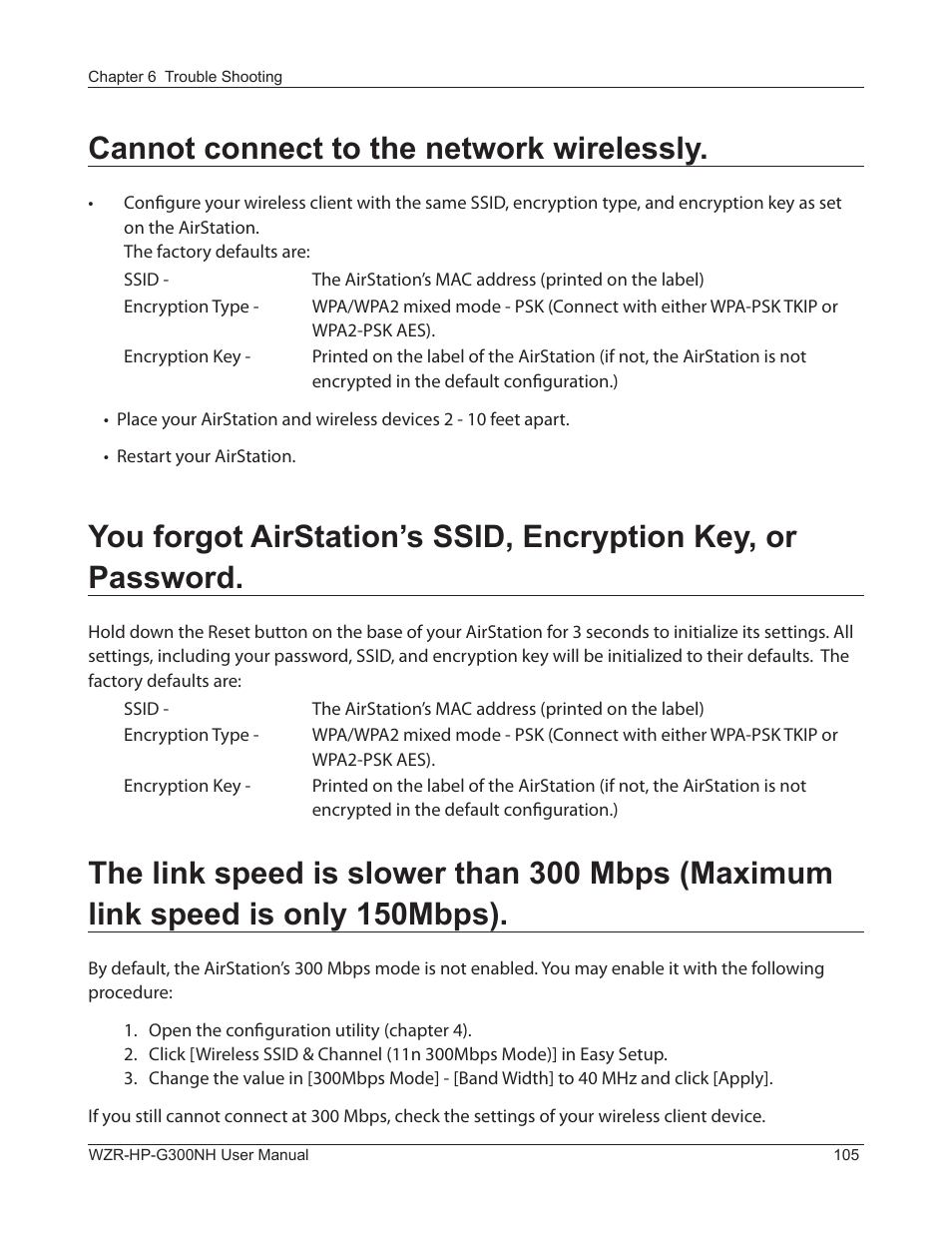 Cannot connect to the network wirelessly | Buffalo Technology NFINITI WZR-HP-G300NH User Manual | Page 106 / 133