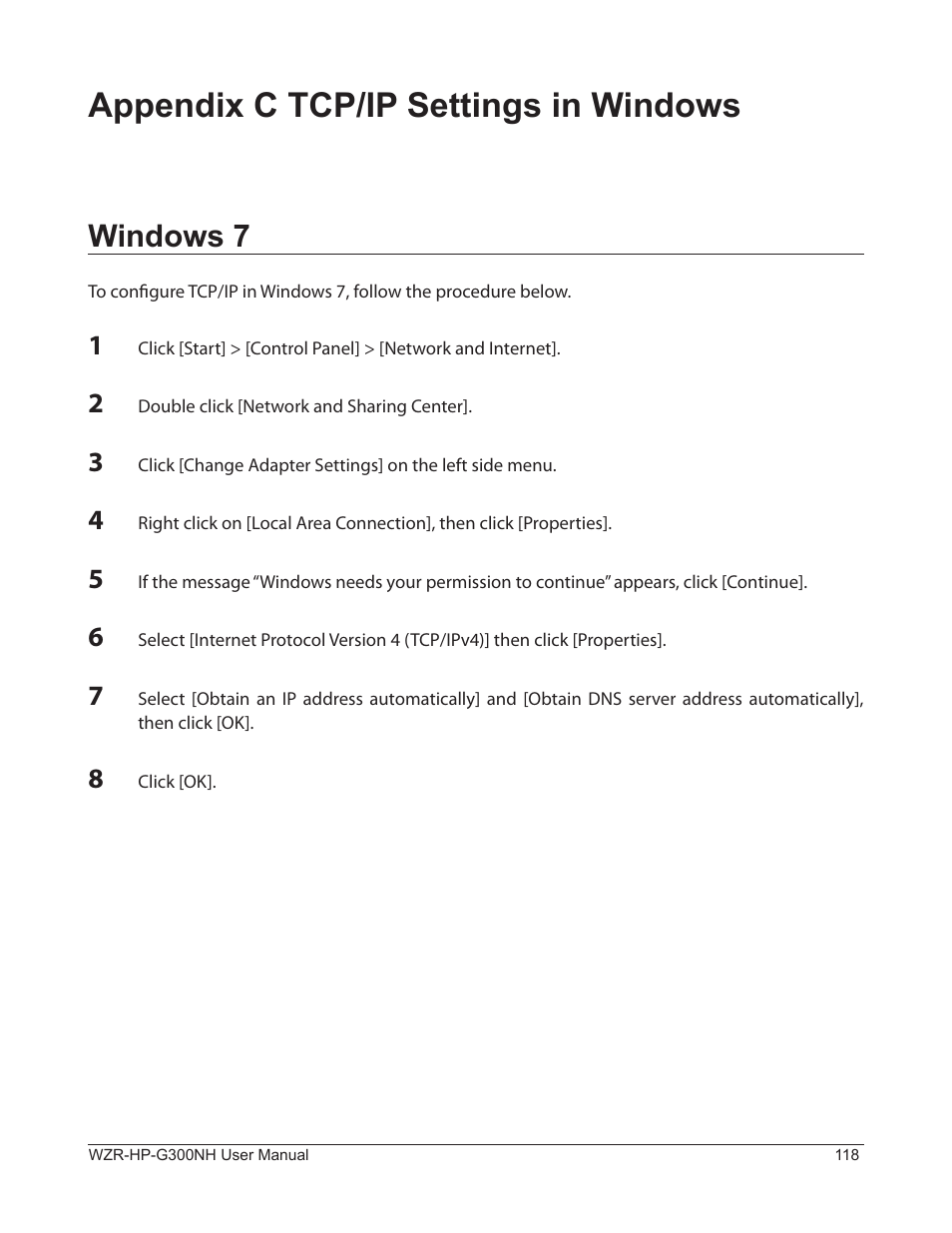 Appendix c tcp/ip settings in windows, Windows 7 | Buffalo Technology NFINITI WZR-HP-G300NH User Manual | Page 119 / 133