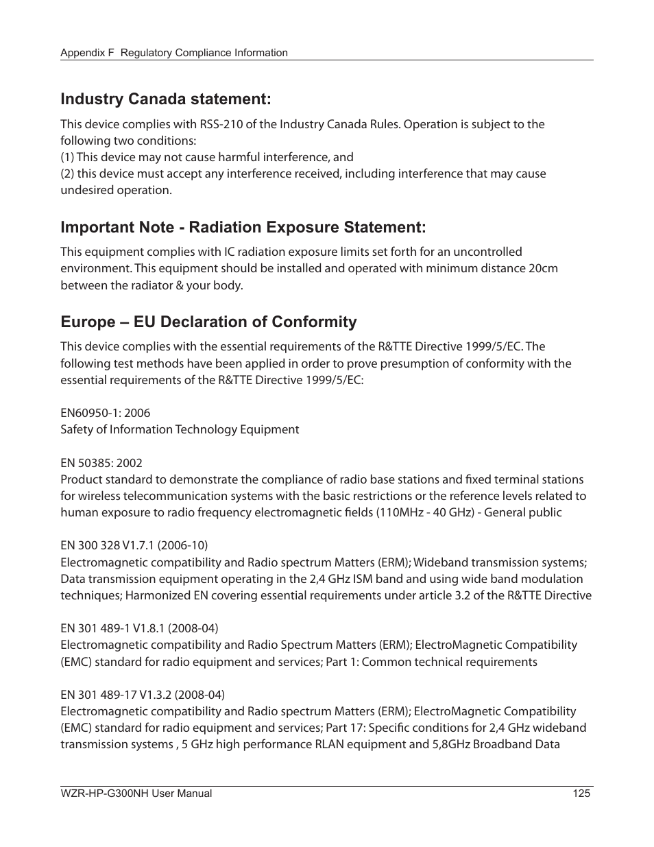 Industry canada statement, Europe – eu declaration of conformity | Buffalo Technology NFINITI WZR-HP-G300NH User Manual | Page 126 / 133