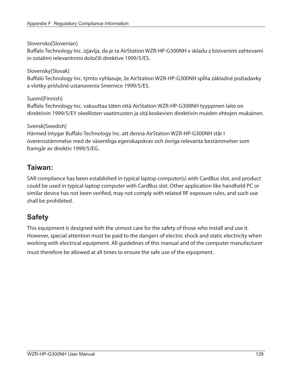 Taiwan, Safety | Buffalo Technology NFINITI WZR-HP-G300NH User Manual | Page 129 / 133