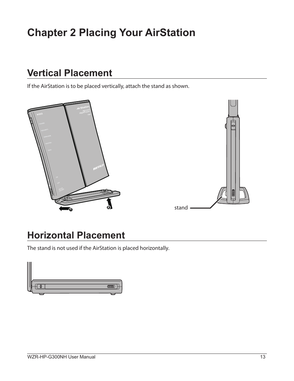 Chapter 2 placing your airstation, Vertical placement, Horizontal placement | Buffalo Technology NFINITI WZR-HP-G300NH User Manual | Page 14 / 133