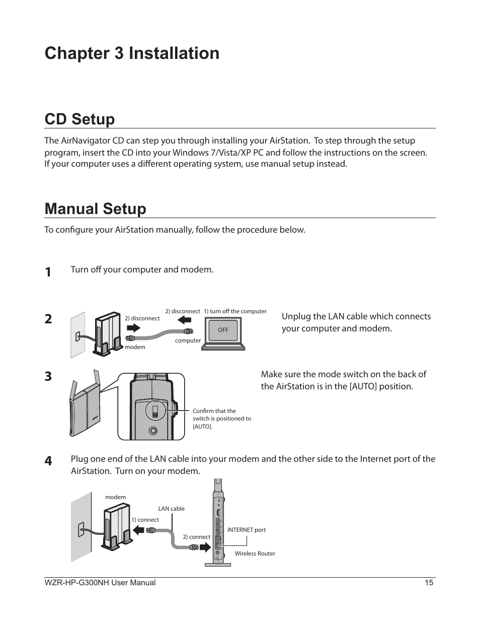 Chapter 3 installation, Cd setup, Manual setup | Buffalo Technology NFINITI WZR-HP-G300NH User Manual | Page 16 / 133