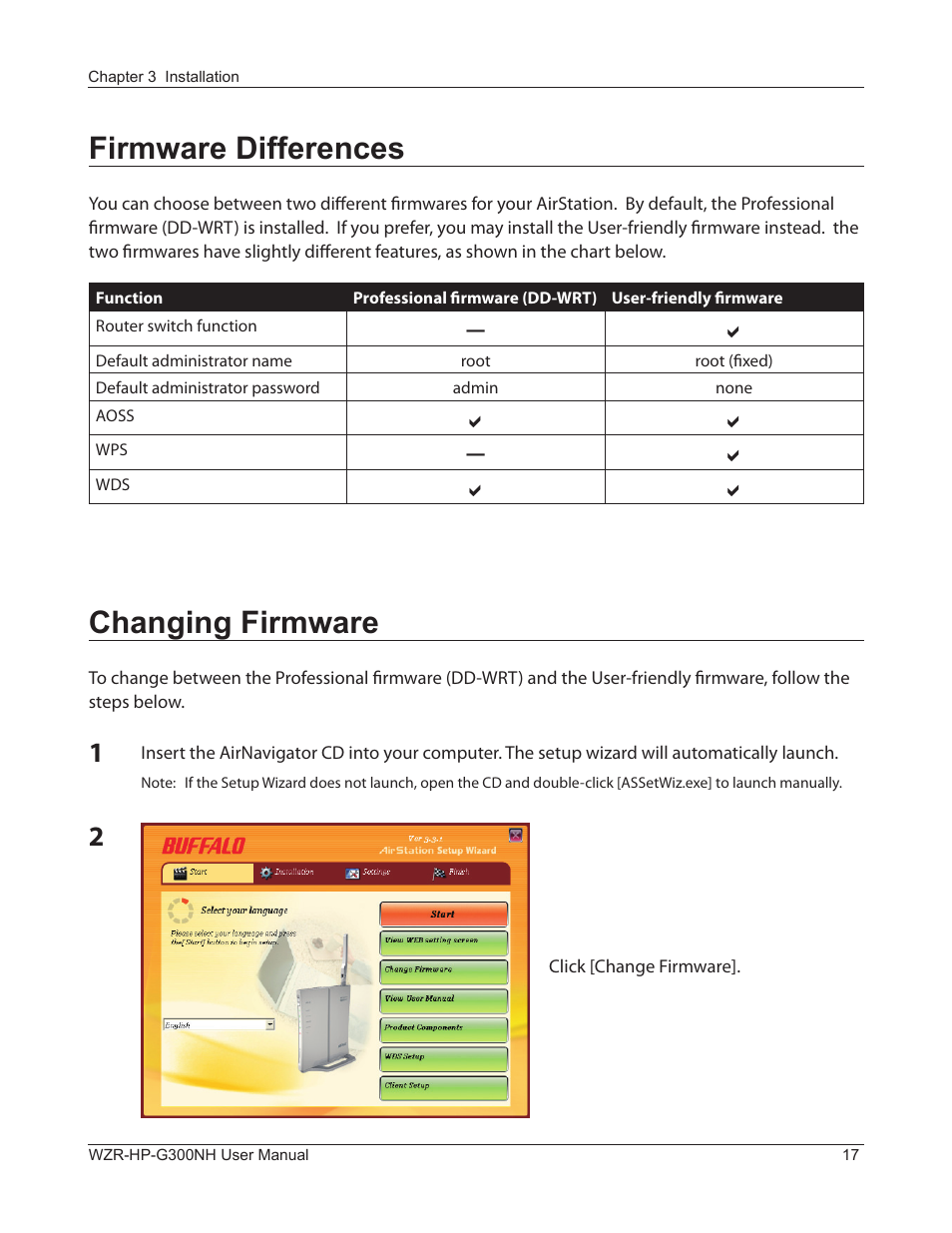 Firmware differences, Changing firmware | Buffalo Technology NFINITI WZR-HP-G300NH User Manual | Page 18 / 133