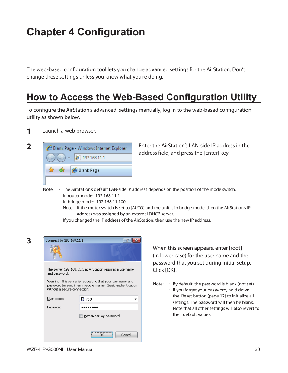 Chapter 4 configuration, How to access the web-based configuration utility | Buffalo Technology NFINITI WZR-HP-G300NH User Manual | Page 21 / 133