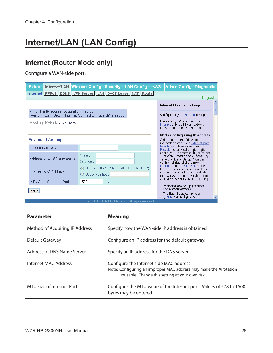 Internet/lan (lan config), Internet (router mode only) | Buffalo Technology NFINITI WZR-HP-G300NH User Manual | Page 29 / 133