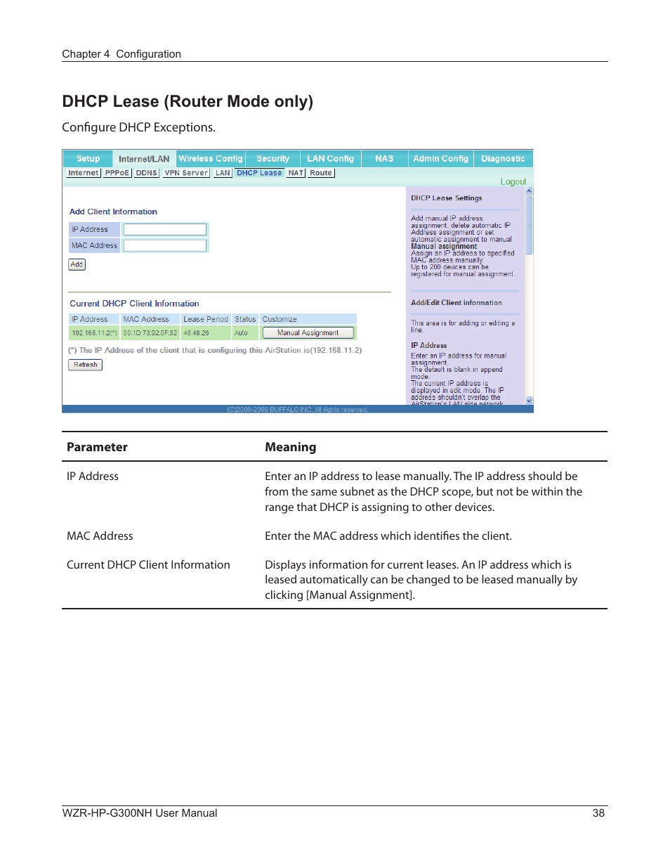 Dhcp lease (router mode only) | Buffalo Technology NFINITI WZR-HP-G300NH User Manual | Page 39 / 133