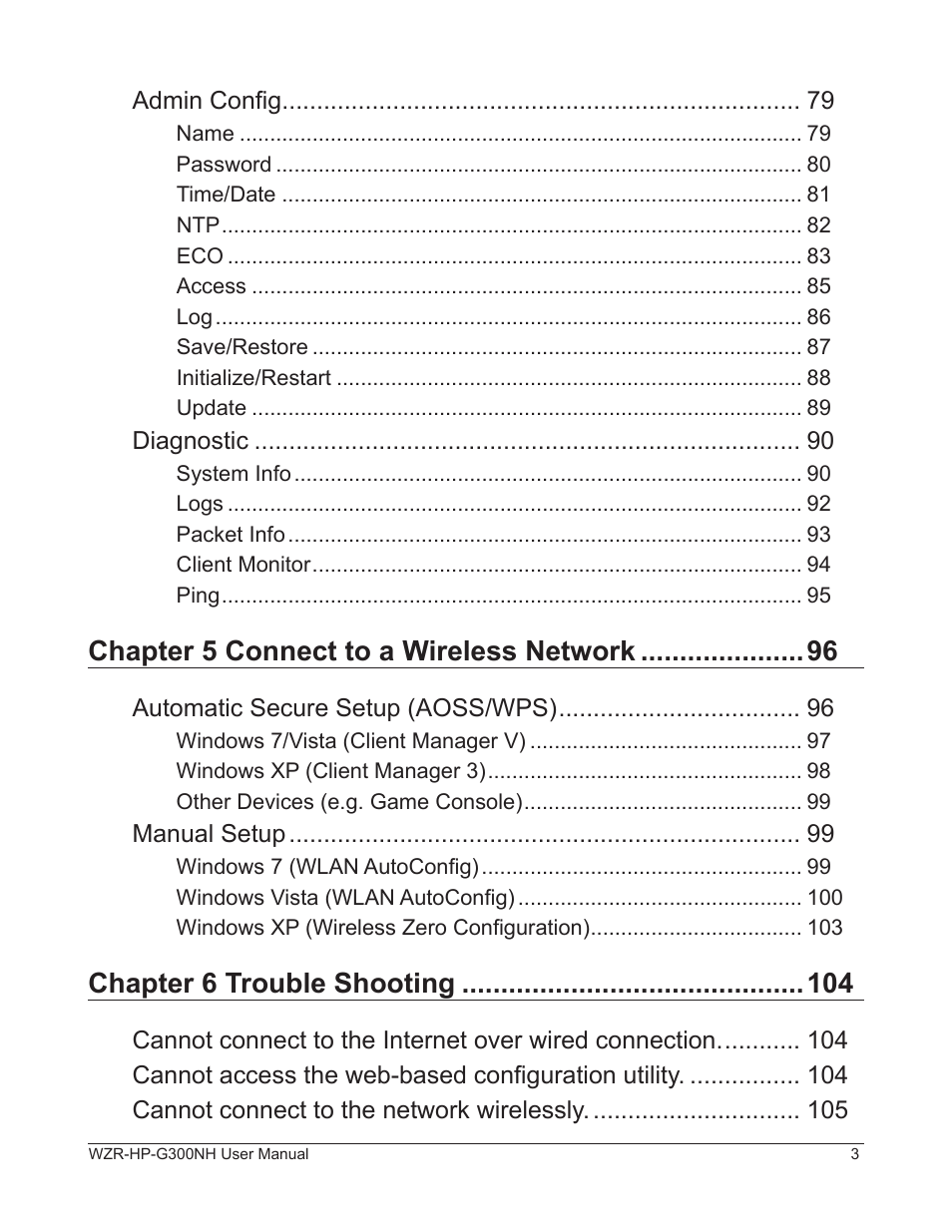 Chapter 5 connect to a wireless network, Chapter 6 trouble shooting | Buffalo Technology NFINITI WZR-HP-G300NH User Manual | Page 4 / 133