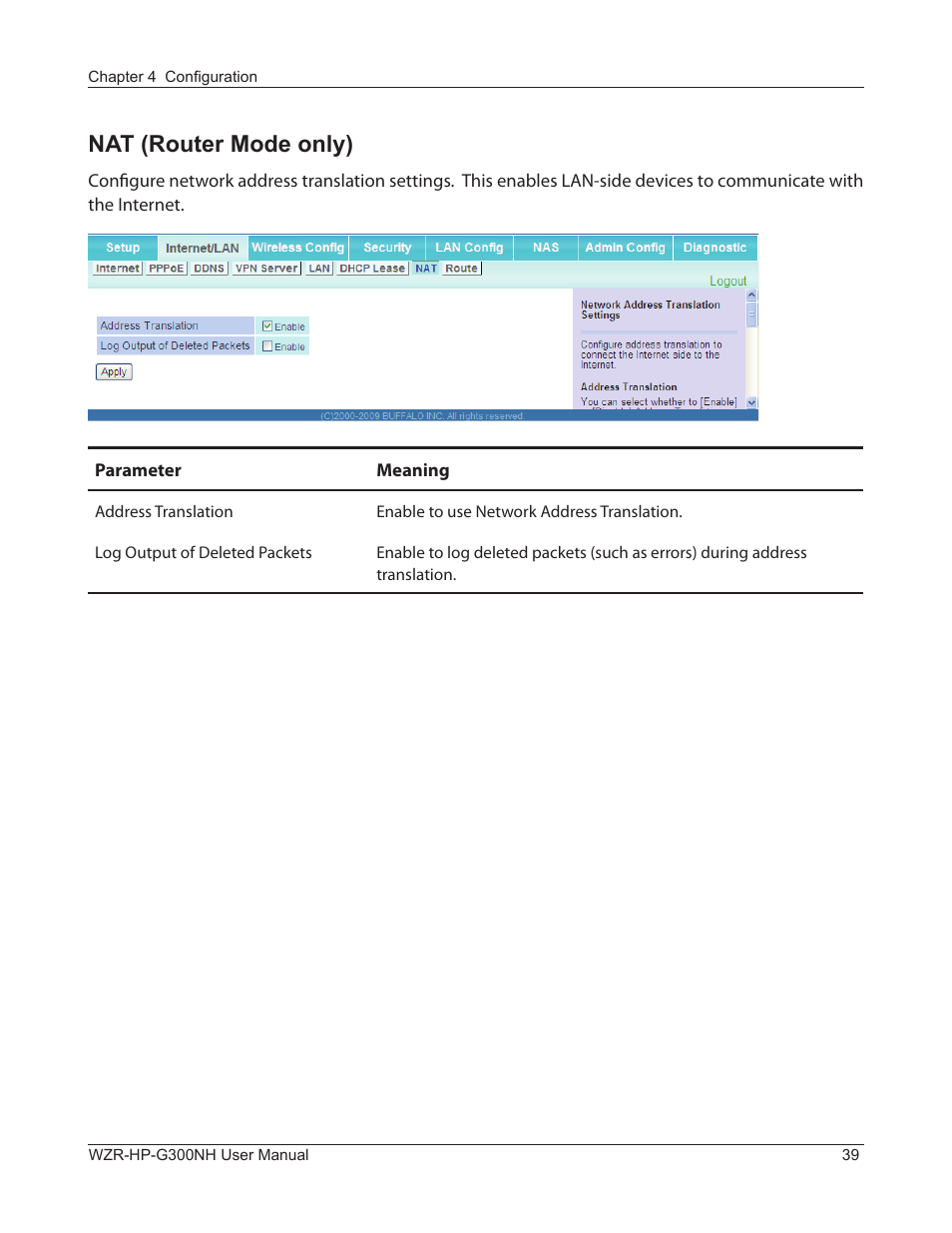 Nat (router mode only) | Buffalo Technology NFINITI WZR-HP-G300NH User Manual | Page 40 / 133