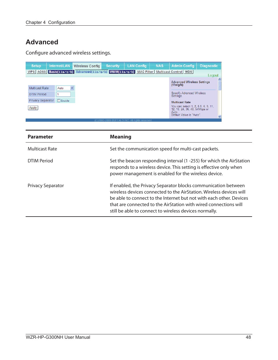 Advanced | Buffalo Technology NFINITI WZR-HP-G300NH User Manual | Page 49 / 133
