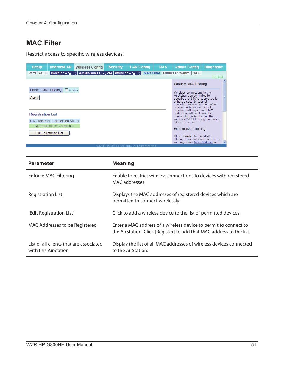 Mac filter | Buffalo Technology NFINITI WZR-HP-G300NH User Manual | Page 52 / 133