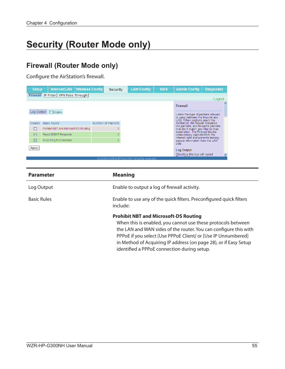 Security (router mode only), Firewall (router mode only) | Buffalo Technology NFINITI WZR-HP-G300NH User Manual | Page 56 / 133