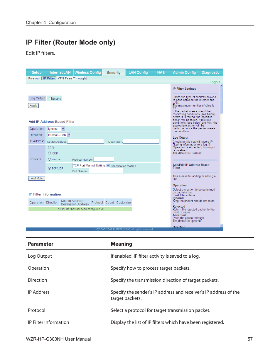 Ip filter (router mode only) | Buffalo Technology NFINITI WZR-HP-G300NH User Manual | Page 58 / 133