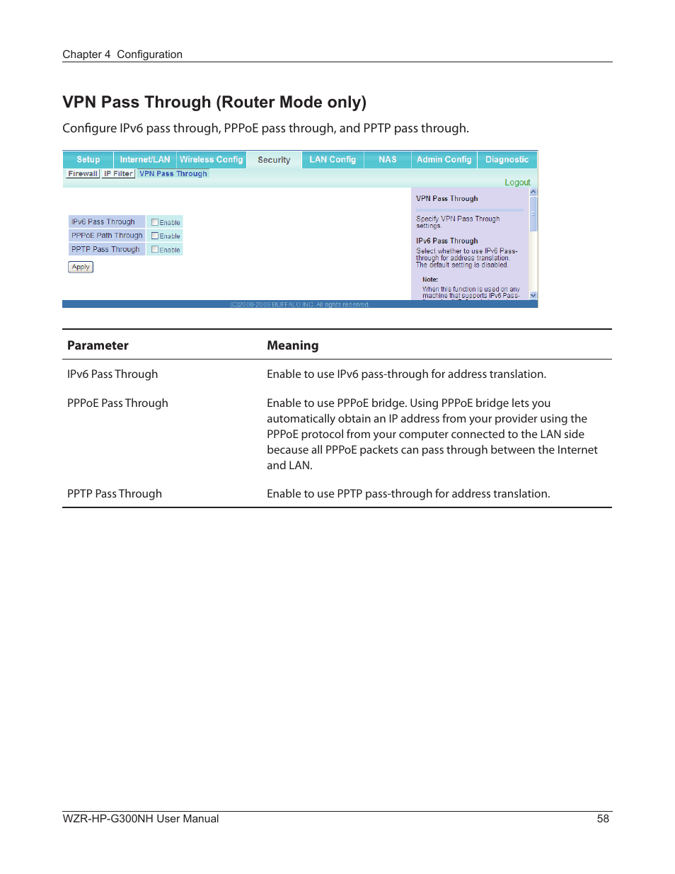 Vpn pass through (router mode only) | Buffalo Technology NFINITI WZR-HP-G300NH User Manual | Page 59 / 133