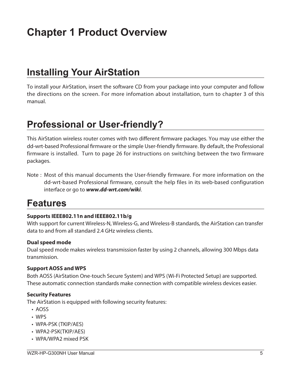 Chapter 1 product overview, Installing your airstation, Professional or user-friendly | Features | Buffalo Technology NFINITI WZR-HP-G300NH User Manual | Page 6 / 133