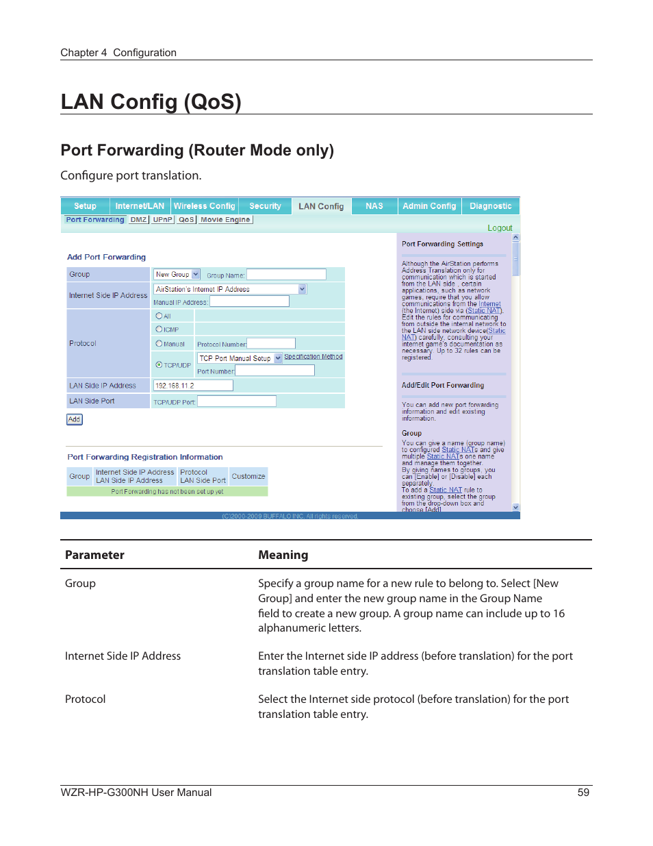 Lan config (qos), Port forwarding (router mode only) | Buffalo Technology NFINITI WZR-HP-G300NH User Manual | Page 60 / 133