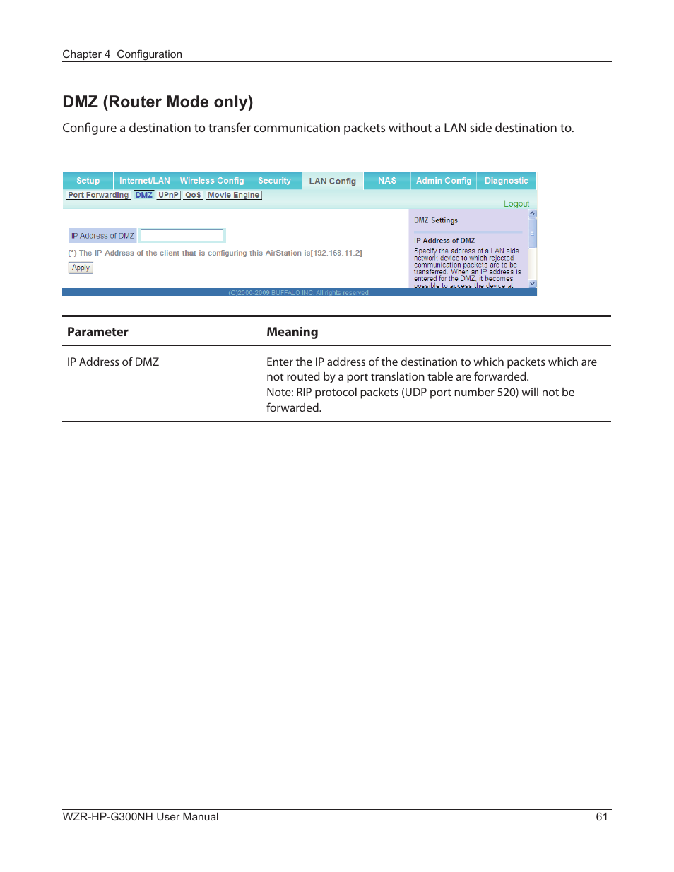 Dmz (router mode only) | Buffalo Technology NFINITI WZR-HP-G300NH User Manual | Page 62 / 133