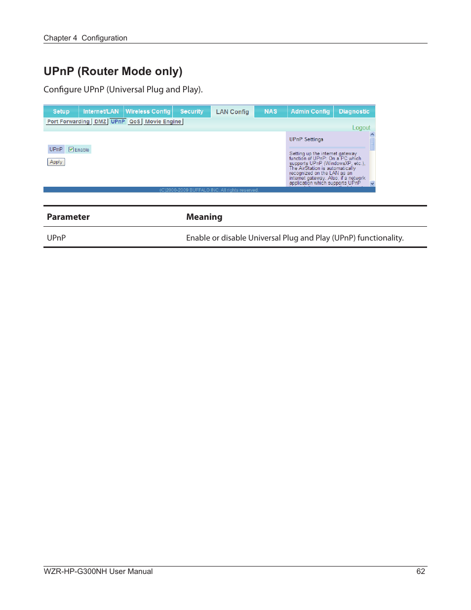 Upnp (router mode only) | Buffalo Technology NFINITI WZR-HP-G300NH User Manual | Page 63 / 133