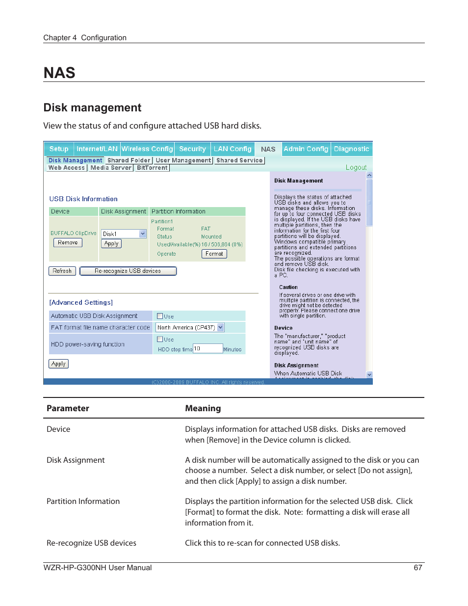 Disk management | Buffalo Technology NFINITI WZR-HP-G300NH User Manual | Page 68 / 133