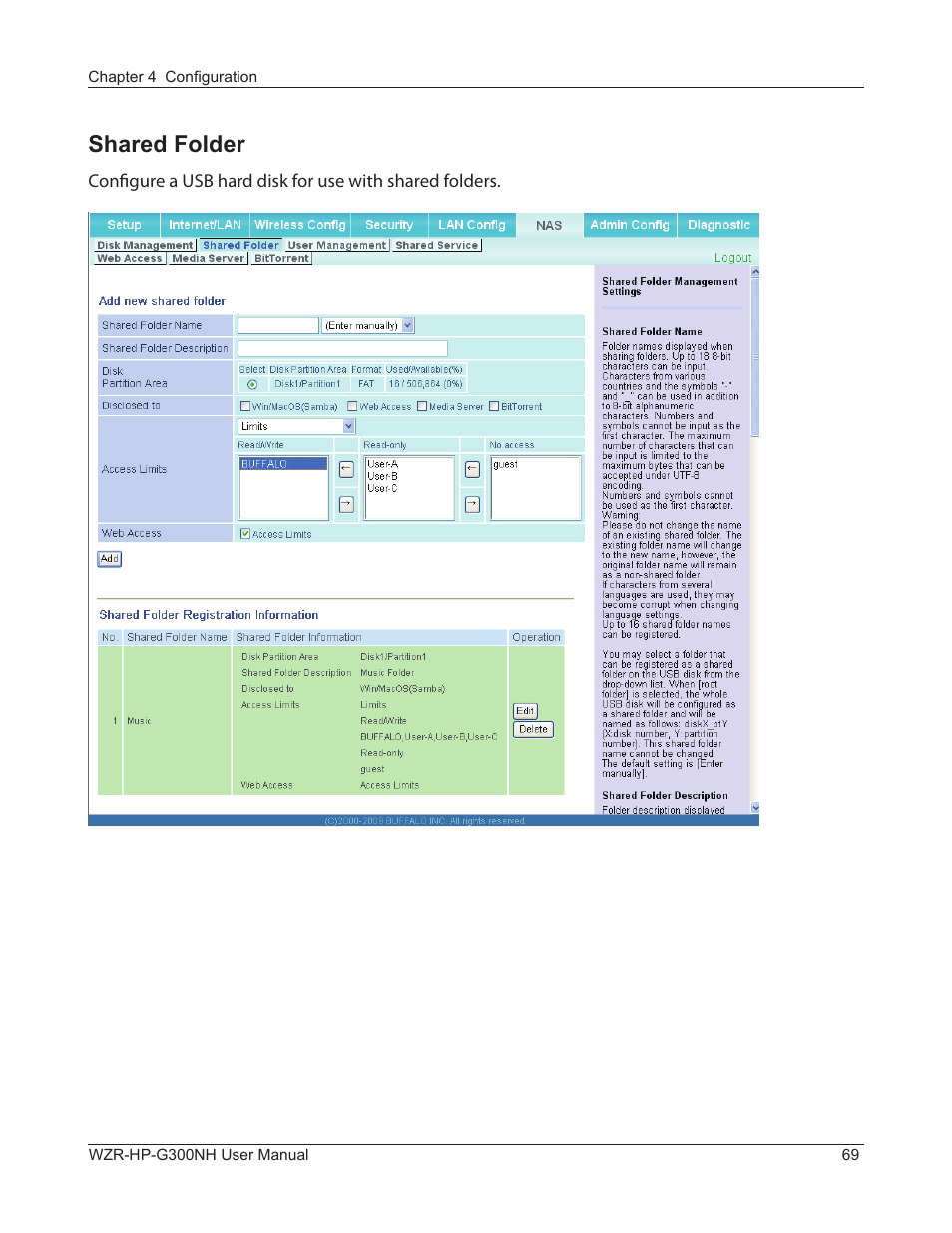 Shared folder | Buffalo Technology NFINITI WZR-HP-G300NH User Manual | Page 70 / 133