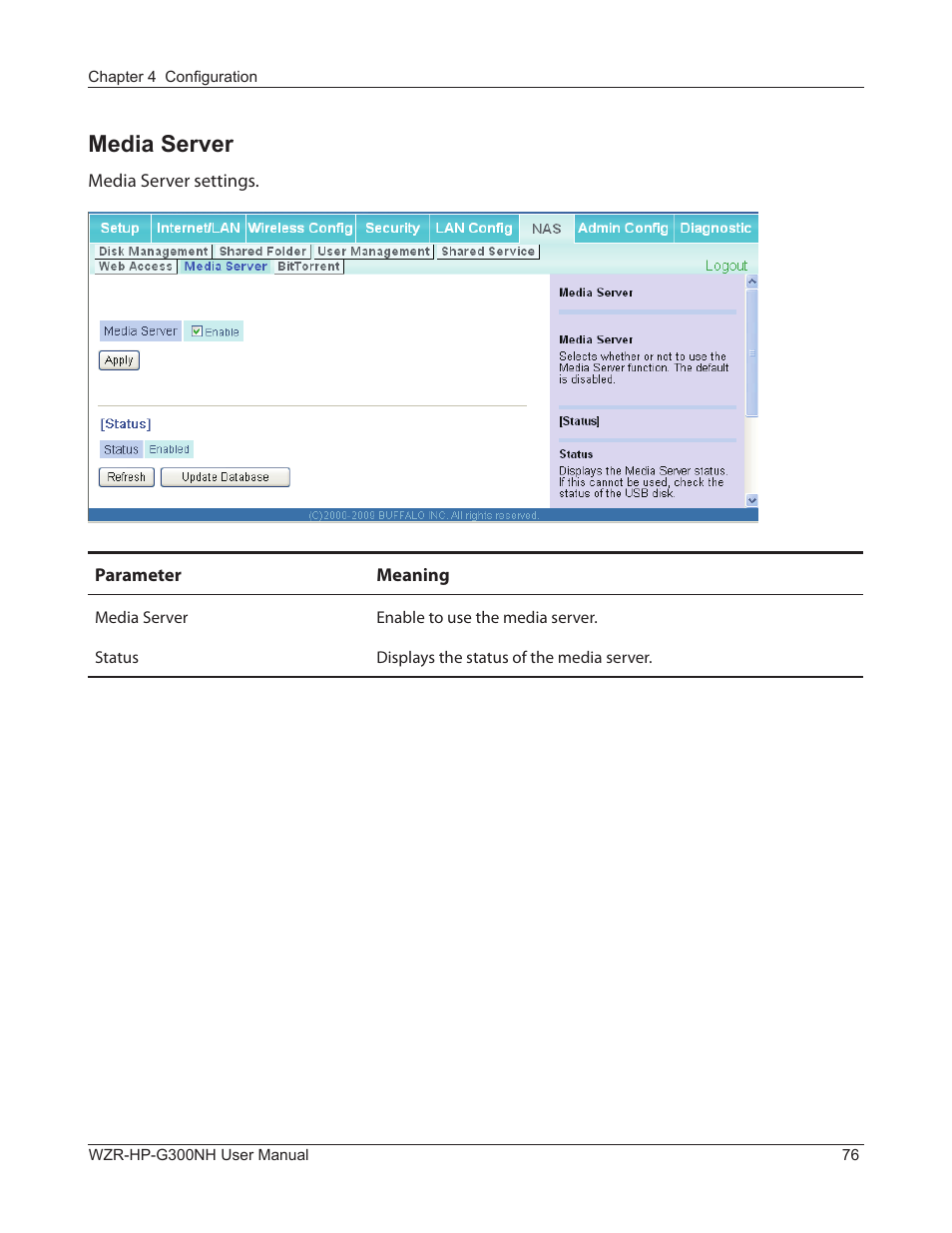 Media server | Buffalo Technology NFINITI WZR-HP-G300NH User Manual | Page 77 / 133
