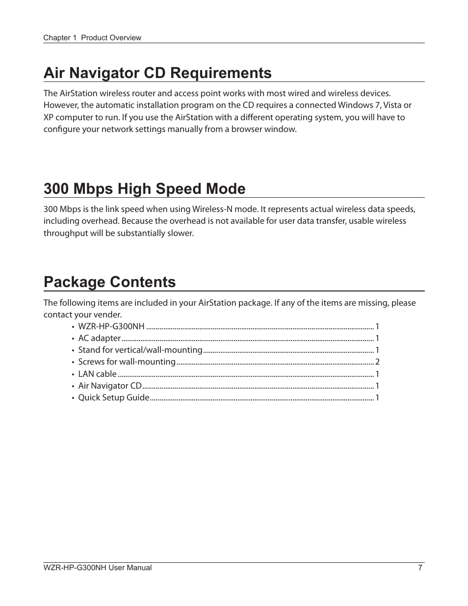 Package contents, Air navigator cd requirements, 300 mbps high speed mode | Buffalo Technology NFINITI WZR-HP-G300NH User Manual | Page 8 / 133
