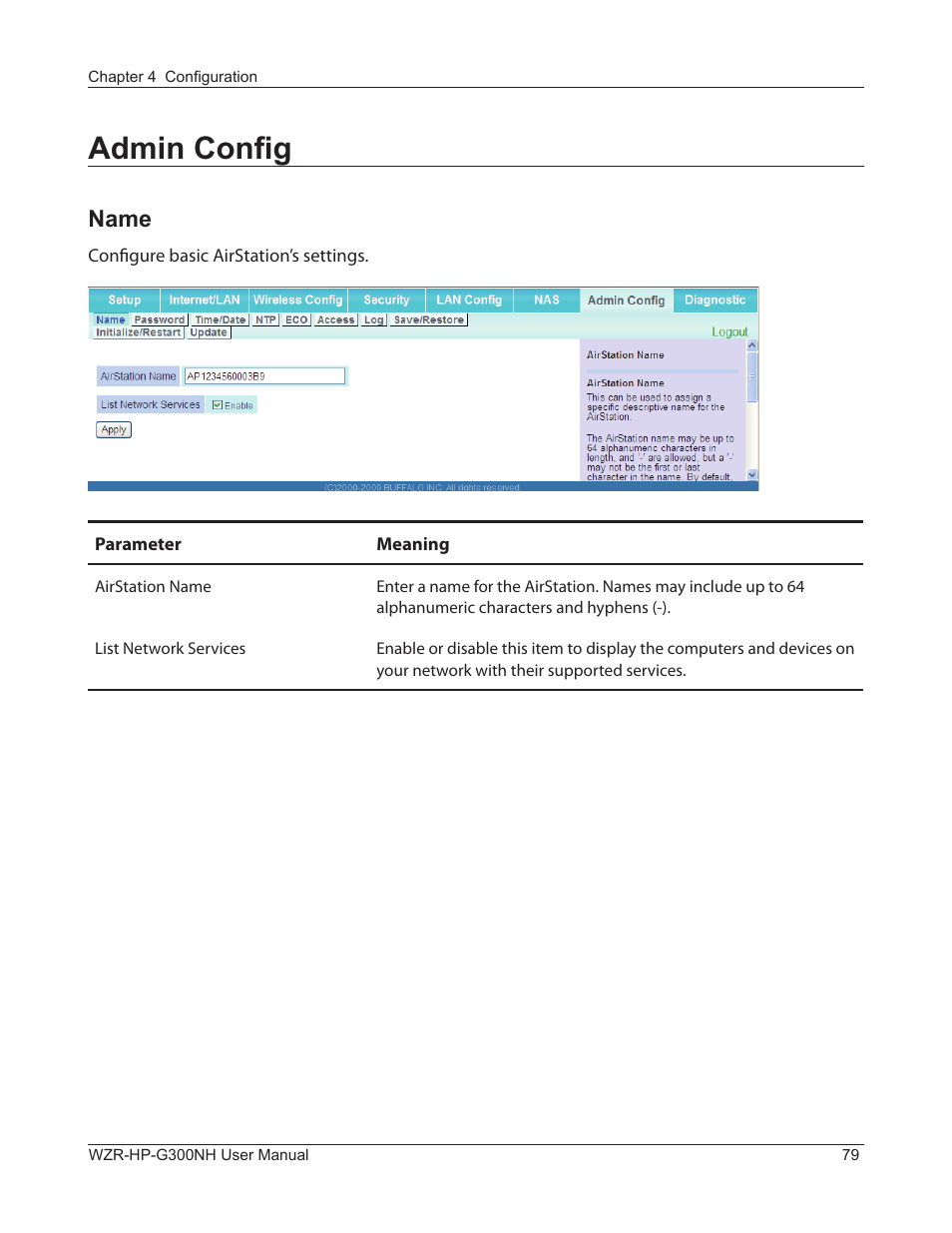 Admin config, Name | Buffalo Technology NFINITI WZR-HP-G300NH User Manual | Page 80 / 133